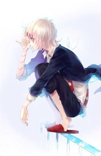 Anime picture 800x1235 with tokyo ghoul studio pierrot suzuya juuzou nipponia nippon single tall image short hair simple background white hair nail polish profile looking down squat open collar purple background twisty sleeves red nail polish androgynous fake wings boy