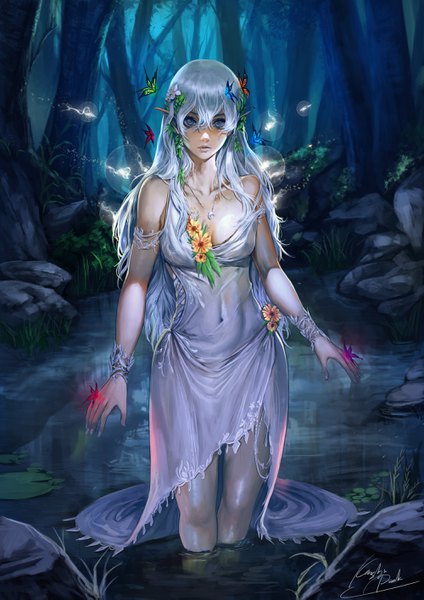 Anime picture 2000x2830 with ken (kenshjnpark) long hair tall image looking at viewer fringe highres light erotic hair between eyes standing signed silver hair pointy ears night grey eyes partially submerged covered navel light strap slip elf wet clothes