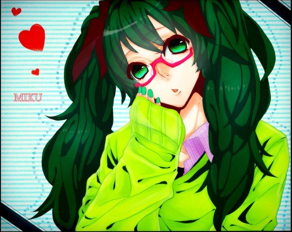 Anime picture 1760x1400 with vocaloid hatsune miku tagme (artist) single long hair highres open mouth simple background twintails green eyes long sleeves nail polish head tilt green hair inscription character names sleeves past wrists bespectacled girl glasses