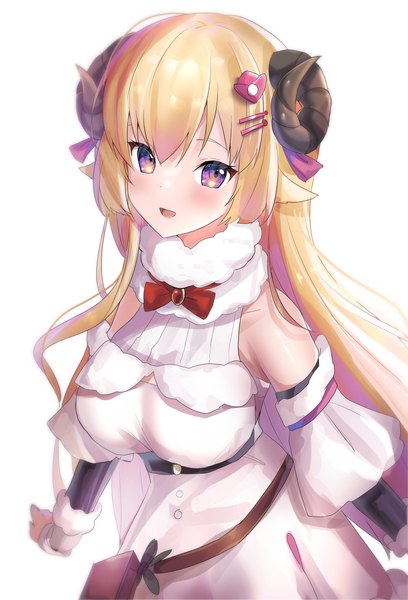 Anime-Bild 2302x3385 mit virtual youtuber hololive tsunomaki watame tsunomaki watame (1st costume) maruccy single long hair tall image looking at viewer blush fringe highres open mouth simple background blonde hair hair between eyes white background purple eyes :d horn (horns)