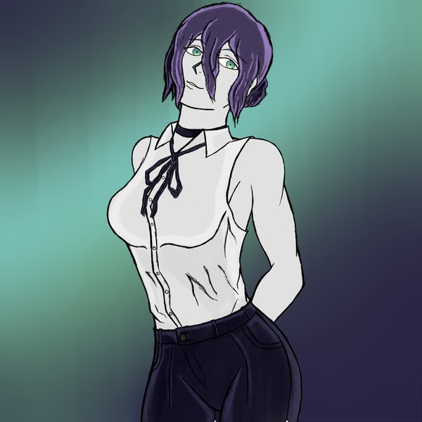 Anime picture 3543x3543 with chainsaw man mappa reze (chainsaw man) darksone single looking at viewer fringe highres short hair black hair simple background hair between eyes standing bare shoulders green eyes absurdres head tilt gradient background hands behind back poorly drawn