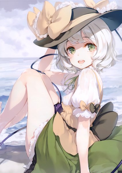 Anime picture 2382x3359 with touhou komeiji koishi ke-ta single tall image looking at viewer blush fringe highres short hair open mouth sitting green eyes sky silver hair outdoors :d arm up puffy sleeves beach
