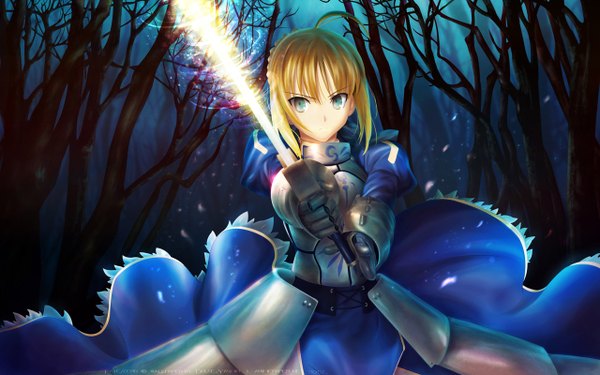 Anime picture 1280x800 with fate (series) fate/stay night studio deen type-moon artoria pendragon (all) saber single looking at viewer short hair blonde hair wide image green eyes ahoge girl dress weapon plant (plants) sword tree (trees) armor