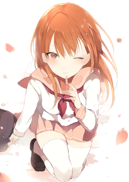 Anime picture 650x914 with original lpip single long hair tall image looking at viewer blush fringe hair between eyes holding brown eyes full body parted lips pleated skirt one eye closed from above orange hair zettai ryouiki squat girl