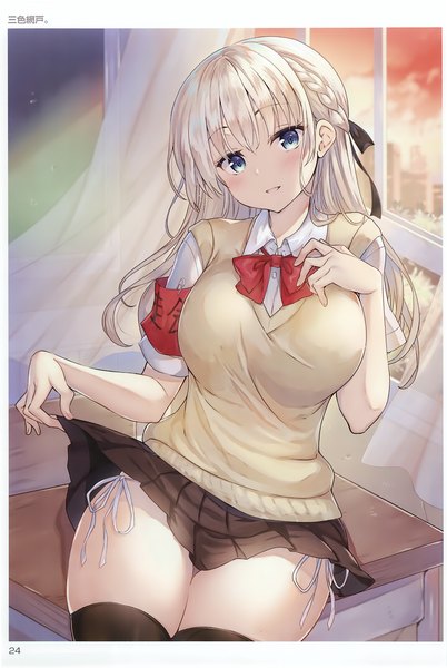 Anime picture 2030x3030 with comic toranoana sanshoku amido single long hair tall image looking at viewer blush fringe highres breasts blue eyes light erotic large breasts sitting white hair blunt bangs braid (braids) parted lips light smile scan