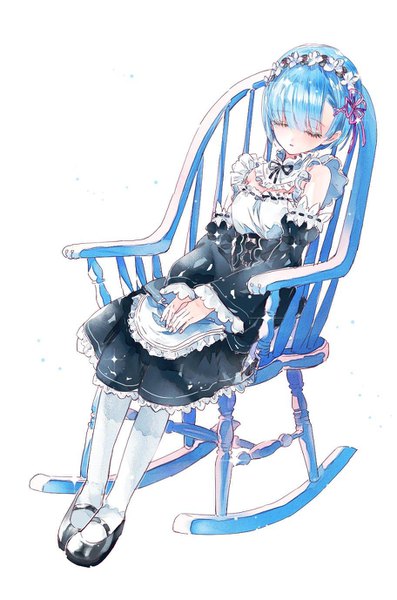 Anime picture 912x1378 with re:zero kara hajimeru isekai seikatsu white fox rem (re:zero) ahma single tall image fringe short hair simple background white background sitting blue hair full body blunt bangs eyes closed maid sleeping girl uniform detached sleeves