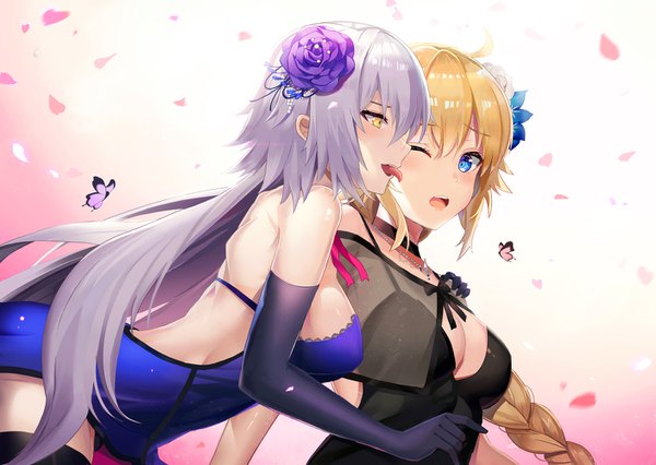 Anime picture 1408x1000 with fate (series) fate/grand order jeanne d'arc (fate) (all) jeanne d'arc alter (fate) jeanne d'arc (fate) l.bou long hair blush fringe breasts open mouth blue eyes light erotic simple background blonde hair hair between eyes large breasts multiple girls yellow eyes looking away