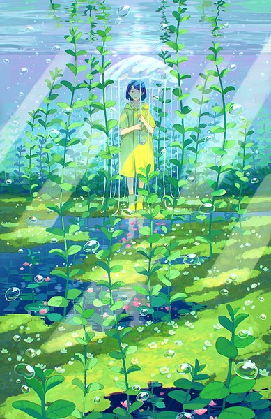 Anime picture 649x1000 with original hiko (scape) single tall image looking at viewer short hair standing blue hair full body sunlight underwater sunbeam girl boots umbrella bubble (bubbles) algae rubber boots raincoat