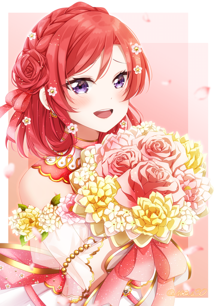 Anime picture 3541x5016 with love live! school idol project sunrise (studio) love live! nishikino maki nota ika single tall image blush highres short hair open mouth purple eyes looking away absurdres upper body red hair braid (braids) :d hair flower border