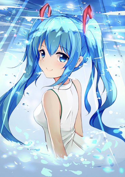 Anime picture 2894x4093 with vocaloid hatsune miku qingye ling single long hair tall image looking at viewer blush fringe highres blue eyes smile hair between eyes twintails blue hair upper body turning head underwater girl dress