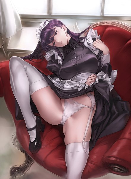 Anime picture 616x836 with komi-san wa komyushou desu komi shouko nishieda single long hair tall image looking at viewer light erotic brown eyes purple hair bent knee (knees) head tilt spread legs reclining girl thighhighs white thighhighs lingerie headdress maid headdress