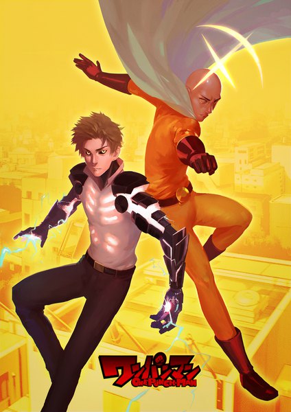 Anime picture 1500x2121 with one-punch man madhouse saitama (one-punch man) genos ne0shin tall image looking at viewer short hair brown hair yellow eyes full body bent knee (knees) wind inscription multiple boys copyright name city hieroglyph flying weightlessness