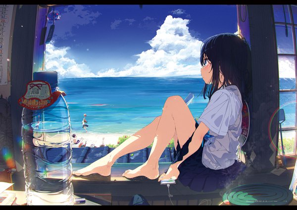 Anime picture 2720x1920 with original ogipote highres blue eyes black hair brown hair sitting multiple girls holding sky cloud (clouds) outdoors profile pleated skirt barefoot arms up bare legs short sleeves thighs beach