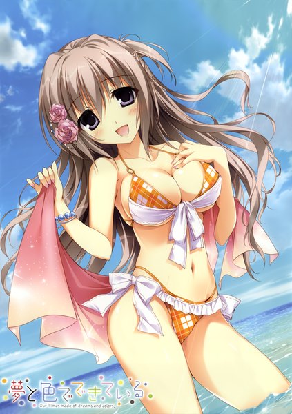 Anime picture 2985x4236 with yume to iro de dekiteiru tanabata shiori karory single long hair tall image looking at viewer blush highres breasts open mouth light erotic brown hair sky cleavage hair flower scan bare belly grey eyes hand on chest