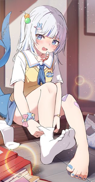 Anime-Bild 788x1500 mit virtual youtuber hololive hololive english gawr gura orobou single tall image looking at viewer blush fringe open mouth blue eyes sitting holding silver hair full body bent knee (knees) indoors tail blunt bangs