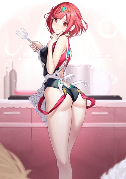 Anime-Bild 847x1200 mit xenoblade xenoblade 2 pyra (xenoblade) pyra (pro swimmer) (xenoblade) ririko (zhuoyandesailaer) single tall image looking at viewer blush fringe short hair breasts light erotic red eyes standing holding ass red hair indoors head tilt