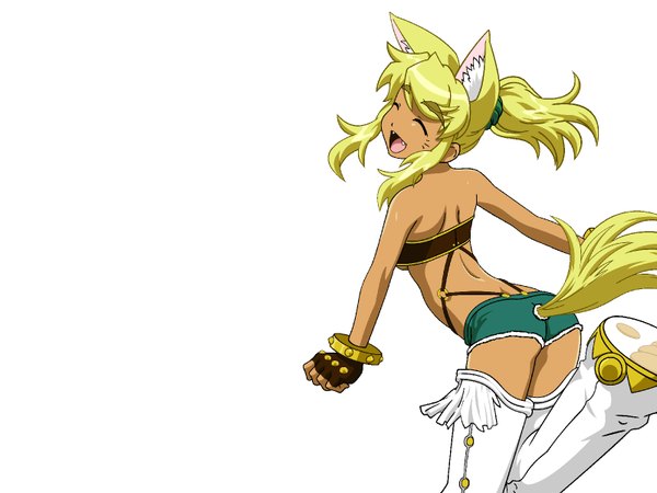 Anime picture 1600x1200 with renkin san-kyuu magical pokaan liru single long hair open mouth simple background blonde hair white background bare shoulders animal ears ass ponytail tail eyes closed animal tail looking back cat ears cat tail back facial mark
