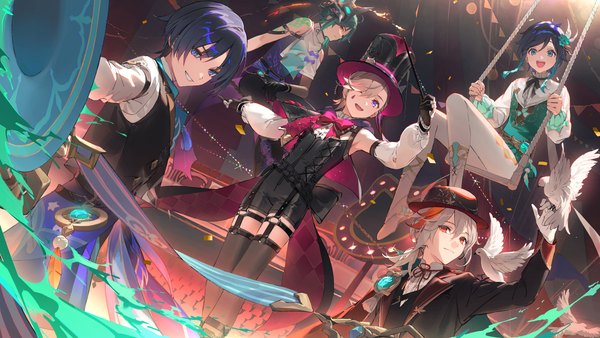 Anime picture 3500x1969 with genshin impact xiao (genshin impact) venti (genshin impact) kaedehara kazuha scaramouche (genshin impact) wanderer (genshin impact) lyney (genshin impact) dsmile long hair fringe highres short hair open mouth smile wide image purple eyes purple hair :d arm up aqua eyes