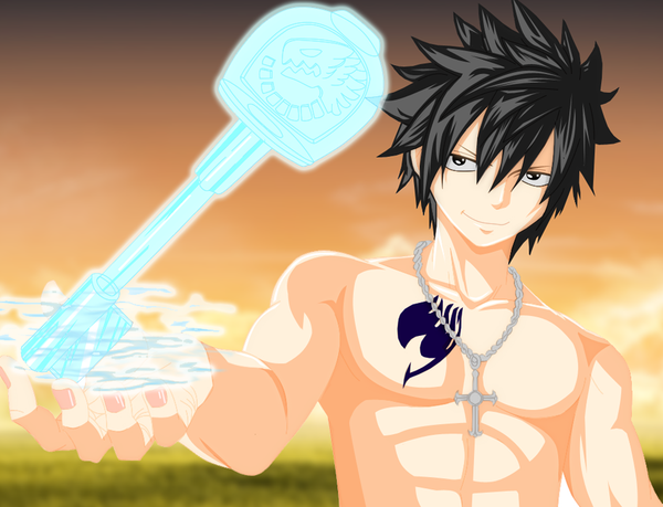 Anime picture 1024x785 with fairy tail gray fullbuster xinrynn short hair black hair sky light smile black eyes tattoo coloring magic muscle boy cross ice key
