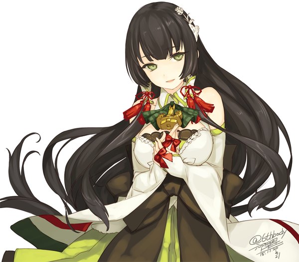 Anime picture 900x788 with kantai collection mizuho seaplane tender rokuwata tomoe single long hair fringe black hair simple background white background green eyes signed looking away parted lips dated girl bow detached sleeves hair tubes