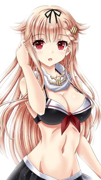 Anime-Bild 640x1136 mit kantai collection yuudachi destroyer amou yuu single long hair tall image looking at viewer breasts open mouth light erotic simple background blonde hair red eyes white background upper body :d groin adjusting hair remodel (kantai collection) girl