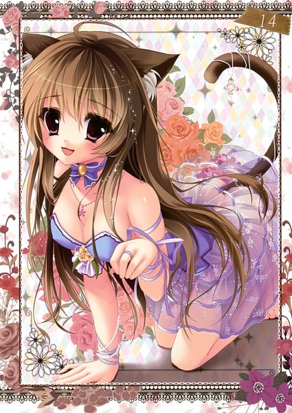Anime picture 2482x3500 with prismatic world (artbook) shiramori yuse single long hair tall image looking at viewer blush highres open mouth red eyes brown hair bare shoulders animal ears tail animal tail cat ears scan cat girl cat tail girl