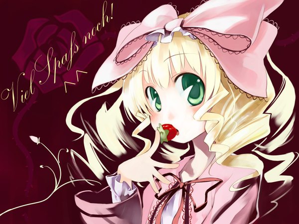 Anime picture 1600x1200 with rozen maiden hina ichigo ushiki yoshitaka single blush highres blonde hair green eyes wallpaper drill hair girl bow ribbon (ribbons) hair bow food berry (berries) strawberry