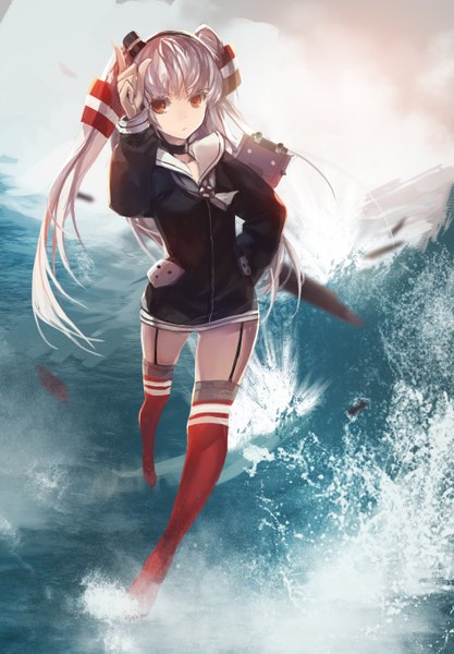 Anime picture 1890x2717 with kantai collection amatsukaze destroyer rensouhou-kun swd3e2 single long hair tall image looking at viewer highres red eyes grey hair two side up girl thighhighs dress hair ornament hat water sea garter straps