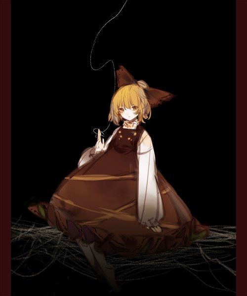 Anime picture 1500x1800 with touhou kurodani yamame zhixie jiaobu single tall image looking at viewer fringe short hair simple background blonde hair hair between eyes brown eyes long sleeves black background girl dress bow hair bow spider web pinafore dress