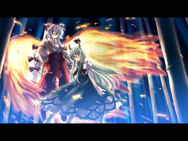 Anime picture 1600x1200 with touhou studio sdt fujiwara no mokou kamishirasawa keine looking at viewer blush red eyes standing multiple girls silver hair very long hair horn (horns) green hair from below looking down hands in pockets weightlessness bamboo forest girl dress