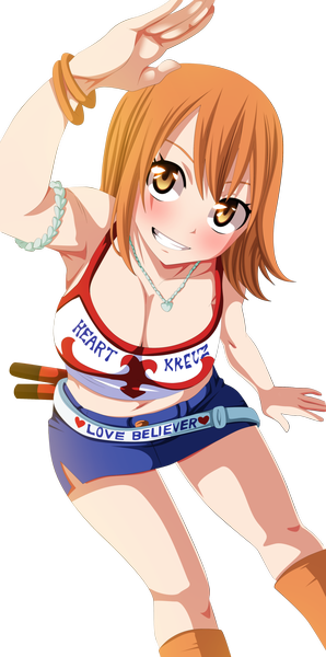 Anime picture 2205x4434 with rave master studio deen elie (rave) tongasart single tall image blush highres short hair smile brown hair yellow eyes armpit (armpits) grin coloring transparent background girl miniskirt bracelet pendant