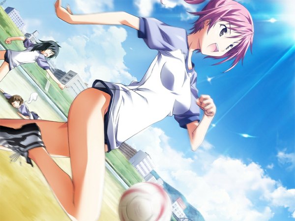 Anime picture 1024x768 with baldr (series) baldr sky baldr sky dive 2 giga nagisa chinatsu open mouth light erotic black hair brown hair brown eyes pink hair game cg sky cloud (clouds) ponytail lying sunlight running playing sports girl