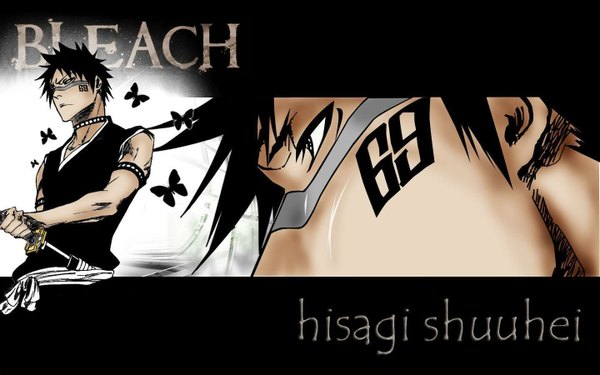 Anime picture 1440x900 with bleach studio pierrot hisagi shuuhei short hair black hair wide image traditional clothes japanese clothes black eyes tattoo sleeveless facial mark muscle boy weapon sword belt kimono katana insect