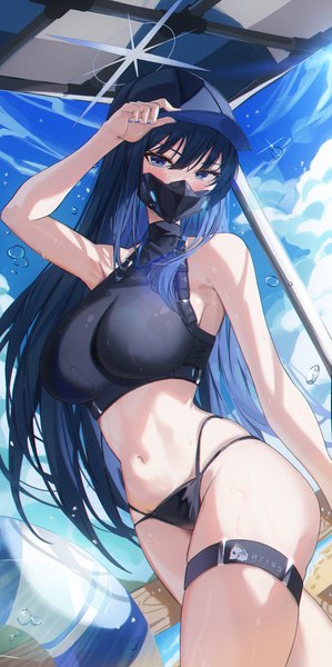 Anime picture 3143x6312 with blue archive saori (blue archive) k.j. single long hair tall image looking at viewer blush fringe highres breasts blue eyes light erotic hair between eyes large breasts standing blue hair absurdres sky cloud (clouds)