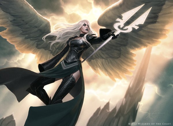 Anime picture 1200x877 with original jason chan single long hair white hair lipstick flying angel wings angel blank eyes black lipstick girl dress gloves weapon wings elbow gloves thigh boots staff