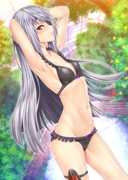 Anime picture 1000x1399 with infinite stratos 8bit laura bodewig zucchini single long hair tall image looking at viewer blush fringe light erotic red eyes bare shoulders silver hair profile lips bare belly bare legs armpit (armpits) arms behind head