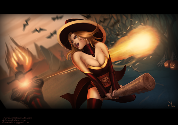 Anime picture 4961x3508 with dota 2 (game) lina (dota 2) deilan12 (artist) single long hair highres breasts open mouth light erotic blonde hair smile yellow eyes looking away absurdres lips letterboxed halloween flying witch broom riding