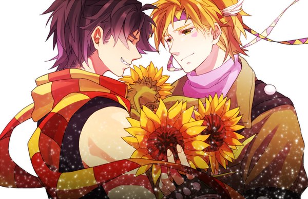 Anime picture 1000x646 with jojo no kimyou na bouken joseph joestar (young) caesar anthonio zeppeli mako1124 blonde hair simple background smile white background yellow eyes purple hair eyes closed wind multiple boys facial mark shounen ai boy gloves flower (flowers) hairband scarf