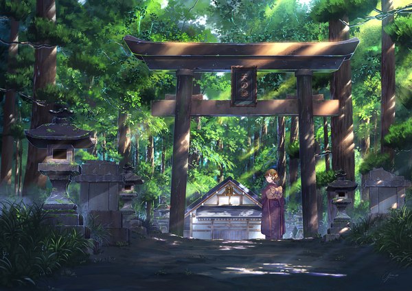 Anime picture 1920x1357 with original niko p single fringe highres short hair blue eyes brown hair standing signed looking away traditional clothes japanese clothes sunlight sunbeam scenic girl plant (plants) tree (trees) kimono
