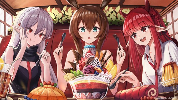 Anime picture 2560x1440 with arknights amiya (arknights) vigna (arknights) warfarin (arknights) ichi10art long hair looking at viewer blush fringe highres open mouth hair between eyes red eyes brown hair wide image multiple girls signed animal ears looking away silver hair