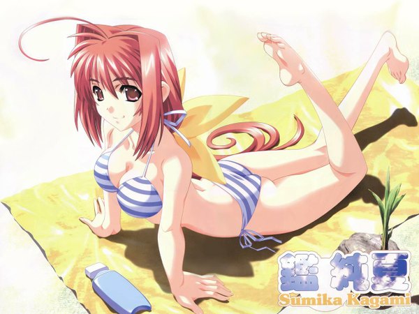 Anime picture 1280x960 with muv-luv kagami sumika bou single long hair light erotic smile brown eyes full body ahoge red hair lying very long hair barefoot wallpaper character names soles low ponytail striped on stomach