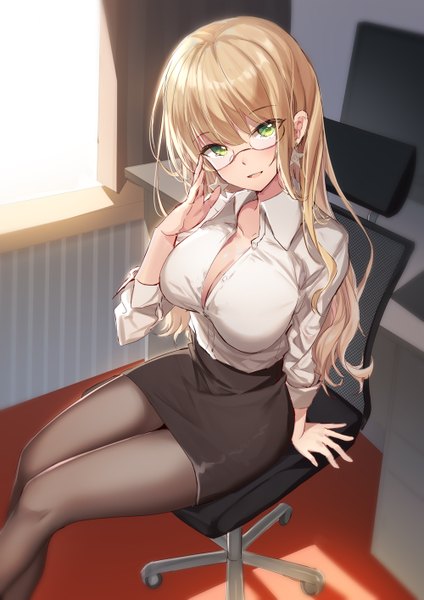 Anime picture 1000x1415 with warship girls r missouri (warship girls r) bison cangshu single long hair tall image looking at viewer blush fringe breasts open mouth light erotic blonde hair smile hair between eyes large breasts sitting green eyes cleavage indoors