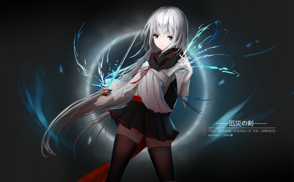Anime picture 3993x2480 with original pixiv fantasia pixiv fantasia revenge of the darkness storia1862 single long hair fringe highres blue eyes simple background hair between eyes wide image standing looking away absurdres silver hair pleated skirt zettai ryouiki magic black background