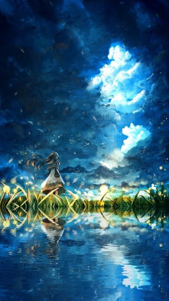 Anime picture 750x1334 with original kanaderu single long hair tall image black hair standing cloud (clouds) ahoge wind from behind sunlight wide sleeves reflection landscape sunbeam ripples lake girl dress