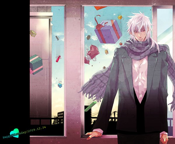 Anime picture 1024x842 with prince of tennis niou masaharu rika zou (artist) single white hair falling boy window scarf suit gift