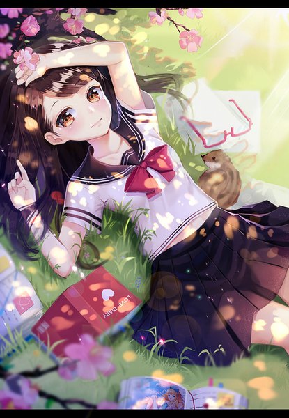 Anime picture 700x1011 with original shoonia long hair tall image looking at viewer blush fringe smile brown hair yellow eyes lying pleated skirt sunlight mole shadow mole under eye cherry blossoms letterboxed hand on head girl