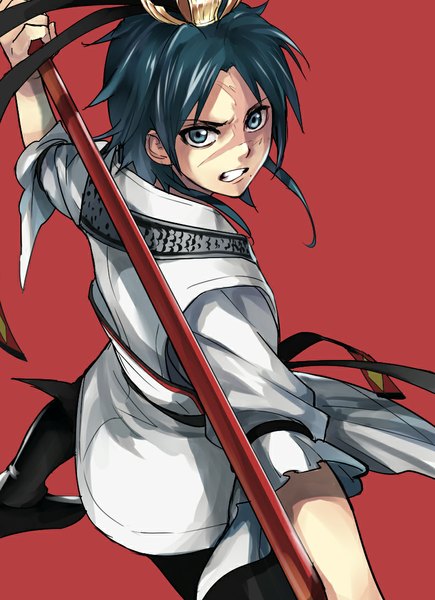 Anime picture 790x1090 with magi the labyrinth of magic a-1 pictures ren hakuryuu shiromi (ringo) single long hair tall image looking at viewer blue eyes simple background blue hair traditional clothes mole teeth scar red background fighting stance clenched teeth boy headdress