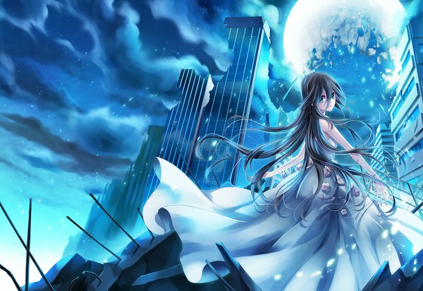 Anime picture 1100x757 with original rinko (mg54) single long hair blue eyes black hair sky cloud (clouds) looking back night city girl dress flower (flowers) petals building (buildings) moon sundress
