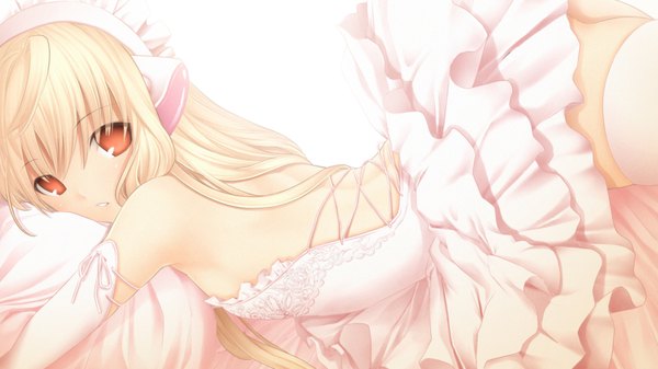 Anime picture 1920x1080 with chobits clamp chii kintarou (kintarou's room) single long hair looking at viewer fringe highres light erotic simple background blonde hair red eyes wide image white background bare shoulders lying girl thighhighs dress