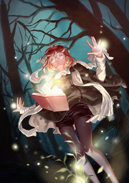 Anime picture 2480x3507 with original hiruna454 single long hair tall image highres brown hair eyes closed from below magic glowing girl plant (plants) pantyhose tree (trees) glasses scarf book (books) insect fireflies